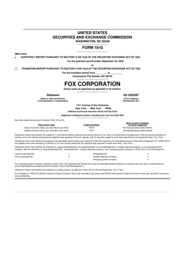 Thumbnail Fox Corporation 10-Q Quarterly Report FY2024 