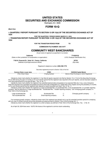 Thumbnail Community West Bancshares 10-Q Quarterly Report FY2024 