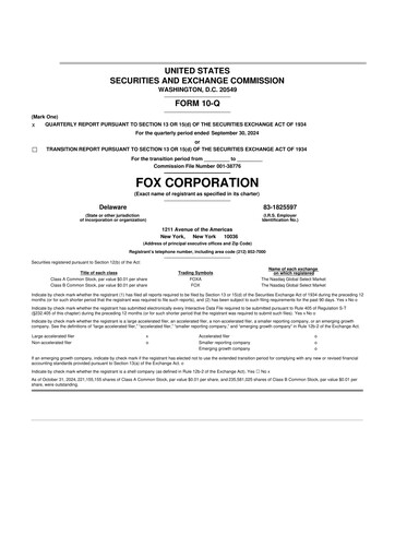 Thumbnail Fox Corporation 10-Q Quarterly Report FY2025 