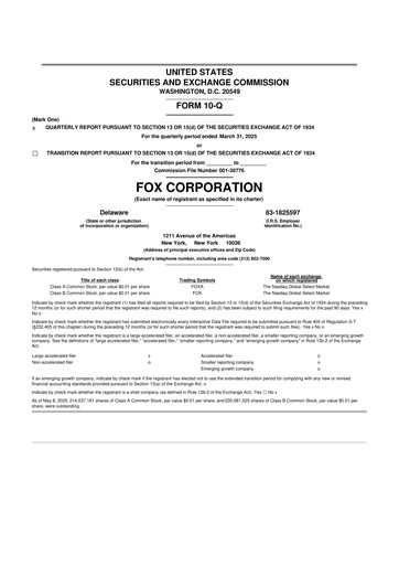 Thumbnail Fox Corporation 10-Q Quarterly Report FY2025 
