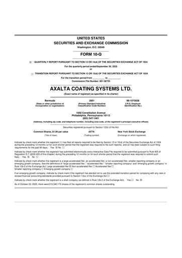 Thumbnail Axalta 10-Q Quarterly Report FY2025 