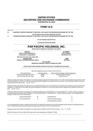 Miniature Par Pacific Holdings 10-Q Rapport trimestriel  