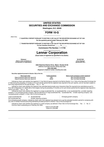 Thumbnail Lennar 10-Q Quarterly Report FY 