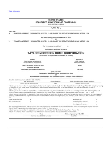 Thumbnail Taylor Morrison
 10-Q Quarterly Report FY 