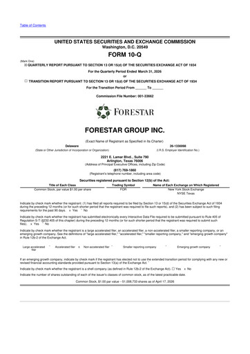 Thumbnail Forestar Group
 10-Q Quarterly Report FY 