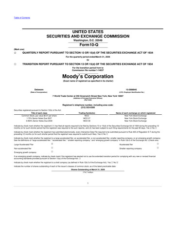 Thumbnail Moody's 10-Q Quarterly Report FY 