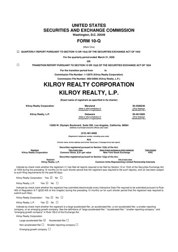 Thumbnail Kilroy Realty 10-Q Quarterly Report FY 