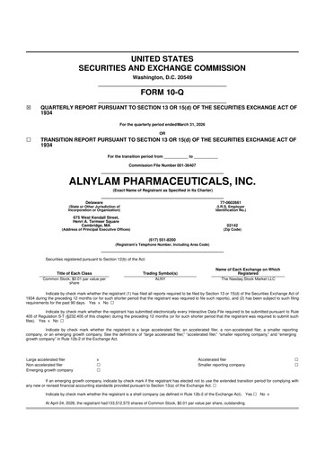 Miniature Alnylam Pharmaceuticals
 10-Q Rapport trimestriel  