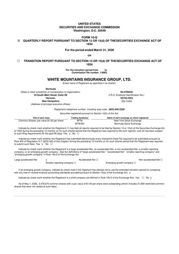Thumbnail White Mountains Insurance Group 10-Q Quarterly Report FY 