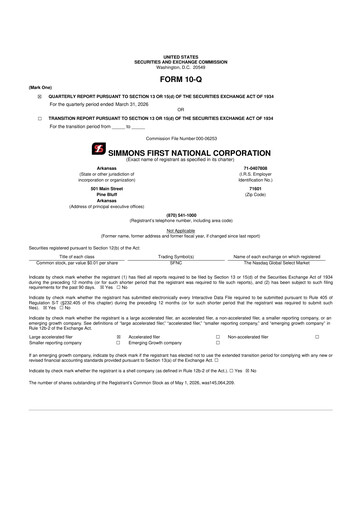 Miniature Simmons First National 10-Q Rapport trimestriel  