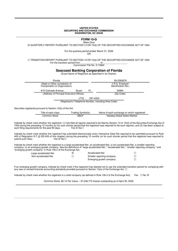 Thumbnail Seacoast Banking 10-Q Quarterly Report FY 
