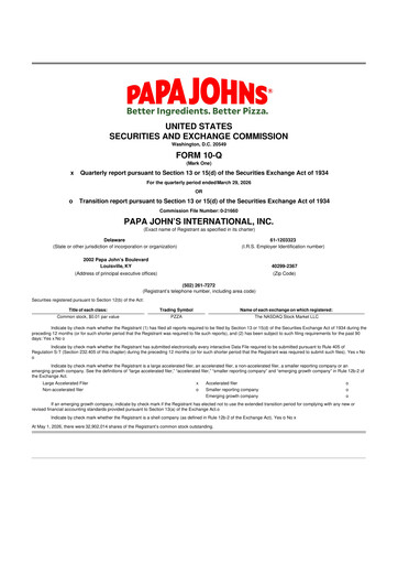 Miniature Papa John's Pizza
 10-Q Rapport trimestriel  
