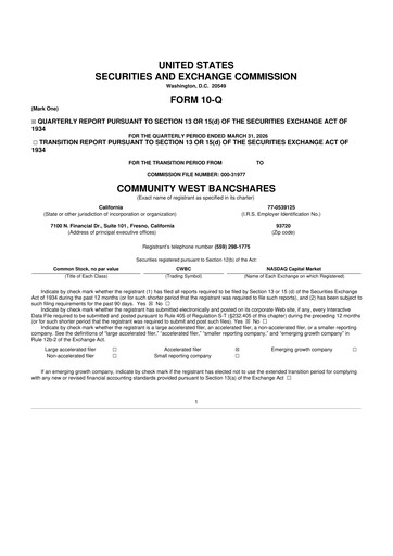 Thumbnail Community West Bancshares 10-Q Quarterly Report FY 