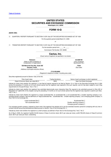 Thumbnail Cactus Inc 10-Q Quarterly Report FY 