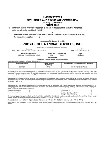 Thumbnail Provident Financial Services 10-Q Quarterly Report FY 