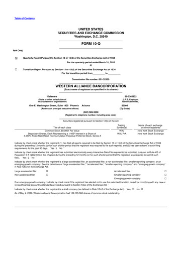 Thumbnail Western Alliance Bancorporation
 10-Q Quarterly Report FY 