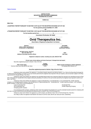 Miniature Ovid Therapeutics
 10-Q Rapport trimestriel  