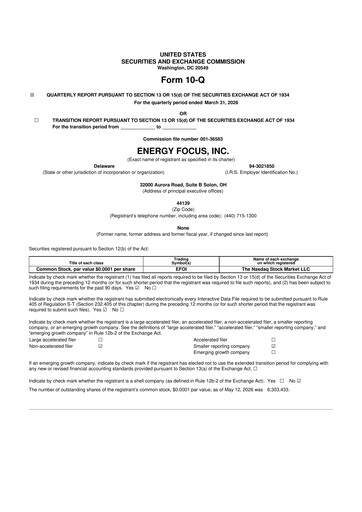 Miniature Energy Focus 10-Q Rapport trimestriel  