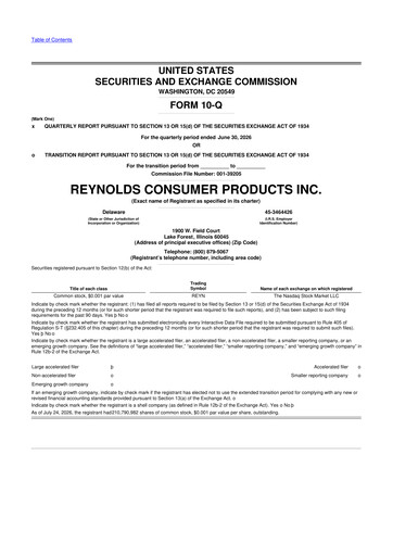 Miniature Reynolds Consumer Products 10-Q Rapport trimestriel 2026 
