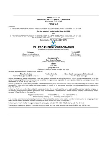 Thumbnail Valero Energy 10-Q Quarterly Report FY2026 
