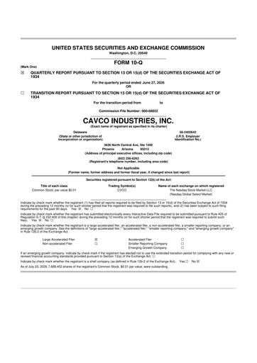 Miniature Cavco Industries 10-Q Rapport trimestriel 2027 
