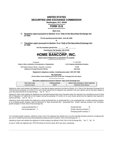 Vorschaubild Home Bancorp
 10-Q Quartalsbericht 2026 