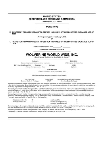 Thumbnail Wolverine World Wide
 10-Q Quarterly Report FY2026 