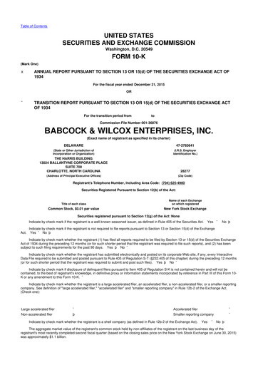 Miniature Babcock & Wilcox
 10-K Rapport annuel 2015