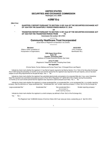 Thumbnail Community Healthcare Trust 10-Q Quarterly Report FY2016 