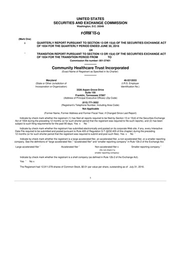 Thumbnail Community Healthcare Trust 10-Q Quarterly Report FY2016 