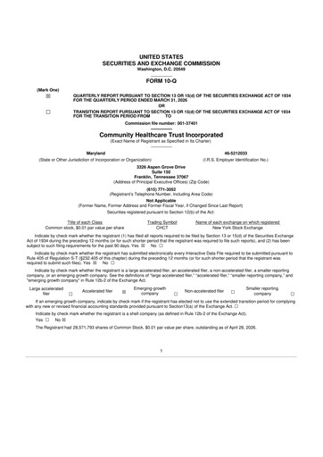 Thumbnail Community Healthcare Trust 10-Q Quarterly Report FY 