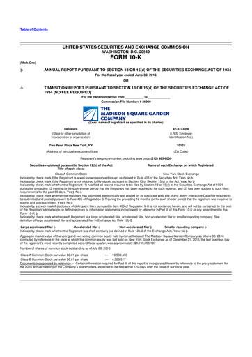 Miniature Madison Square Garden Sports 10-K Rapport annuel 2016