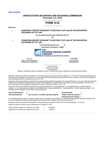 Miniature Madison Square Garden Sports 10-Q Rapport trimestriel 2018 