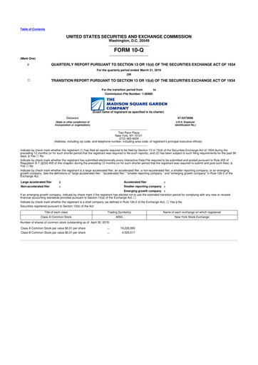 Miniature Madison Square Garden Sports 10-Q Rapport trimestriel 2019 