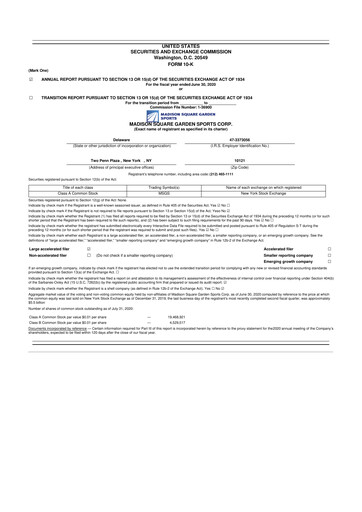 Miniature Madison Square Garden Sports 10-K Rapport annuel 2020