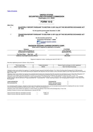 Miniature Madison Square Garden Sports 10-Q Rapport trimestriel 2021 