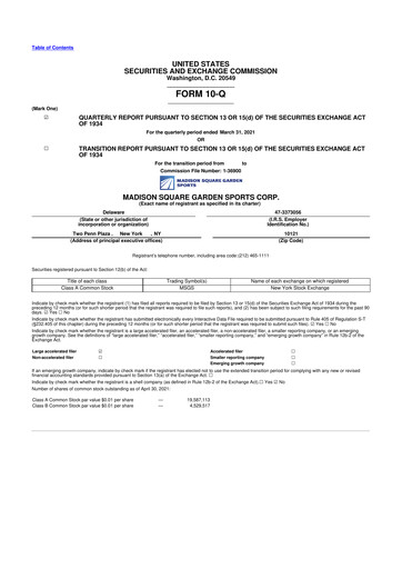 Miniature Madison Square Garden Sports 10-Q Rapport trimestriel 2021 