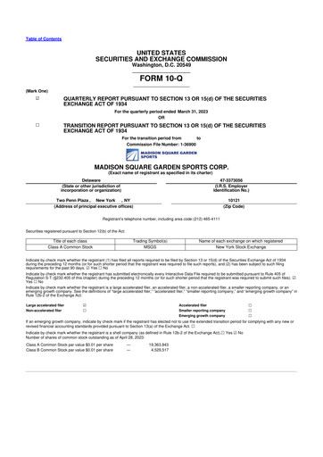 Miniature Madison Square Garden Sports 10-Q Rapport trimestriel 2023 