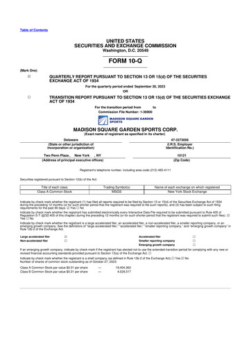 Miniature Madison Square Garden Sports 10-Q Rapport trimestriel 2024 