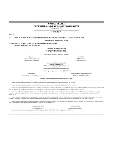 Thumbnail Surgery Partners
 10-K Annual Report 2015