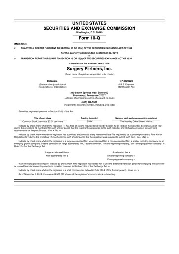 Thumbnail Surgery Partners
 10-Q Quarterly Report FY2019 