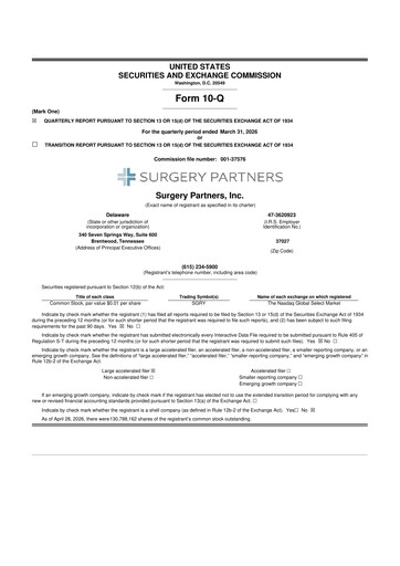 Thumbnail Surgery Partners
 10-Q Quarterly Report FY 