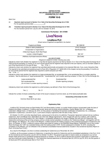 Thumbnail LivaNova 10-Q Quarterly Report FY 