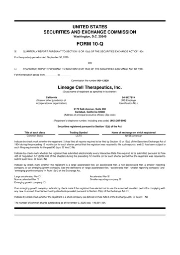 Miniature Lineage Cell Therapeutics
 10-Q Rapport trimestriel  
