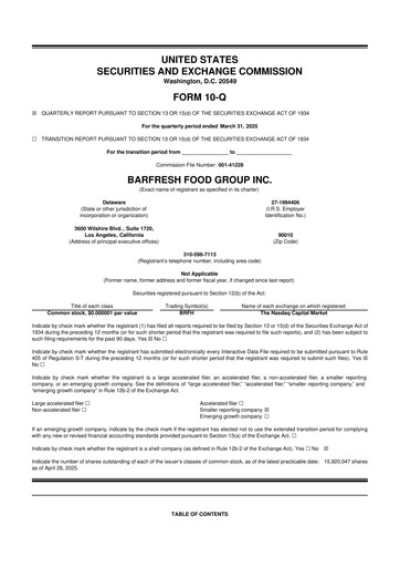 Miniature Barfresh Food Group 10-Q Rapport trimestriel  