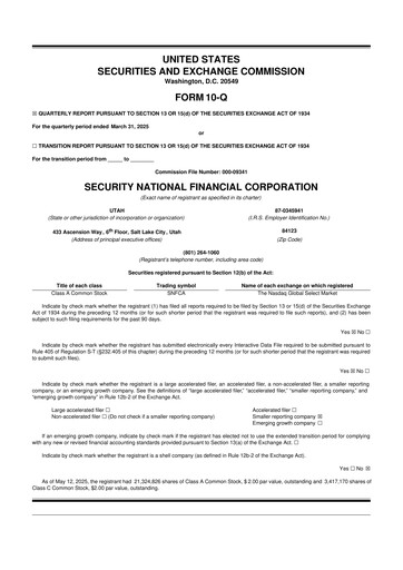 Miniature Security National Financial Corporation 10-Q Rapport trimestriel 2025 