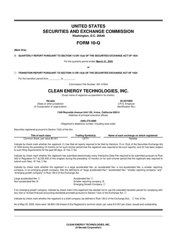 Thumbnail Clean Energy Technologies 10-Q Quarterly Report FY2025 