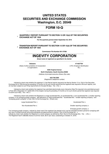 Miniature Ingevity 10-Q Rapport trimestriel 2018 