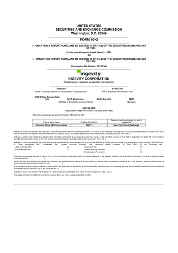 Miniature Ingevity 10-Q Rapport trimestriel 2025 