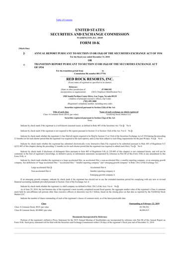 Thumbnail Red Rock Resorts 10-K Annual Report 2018